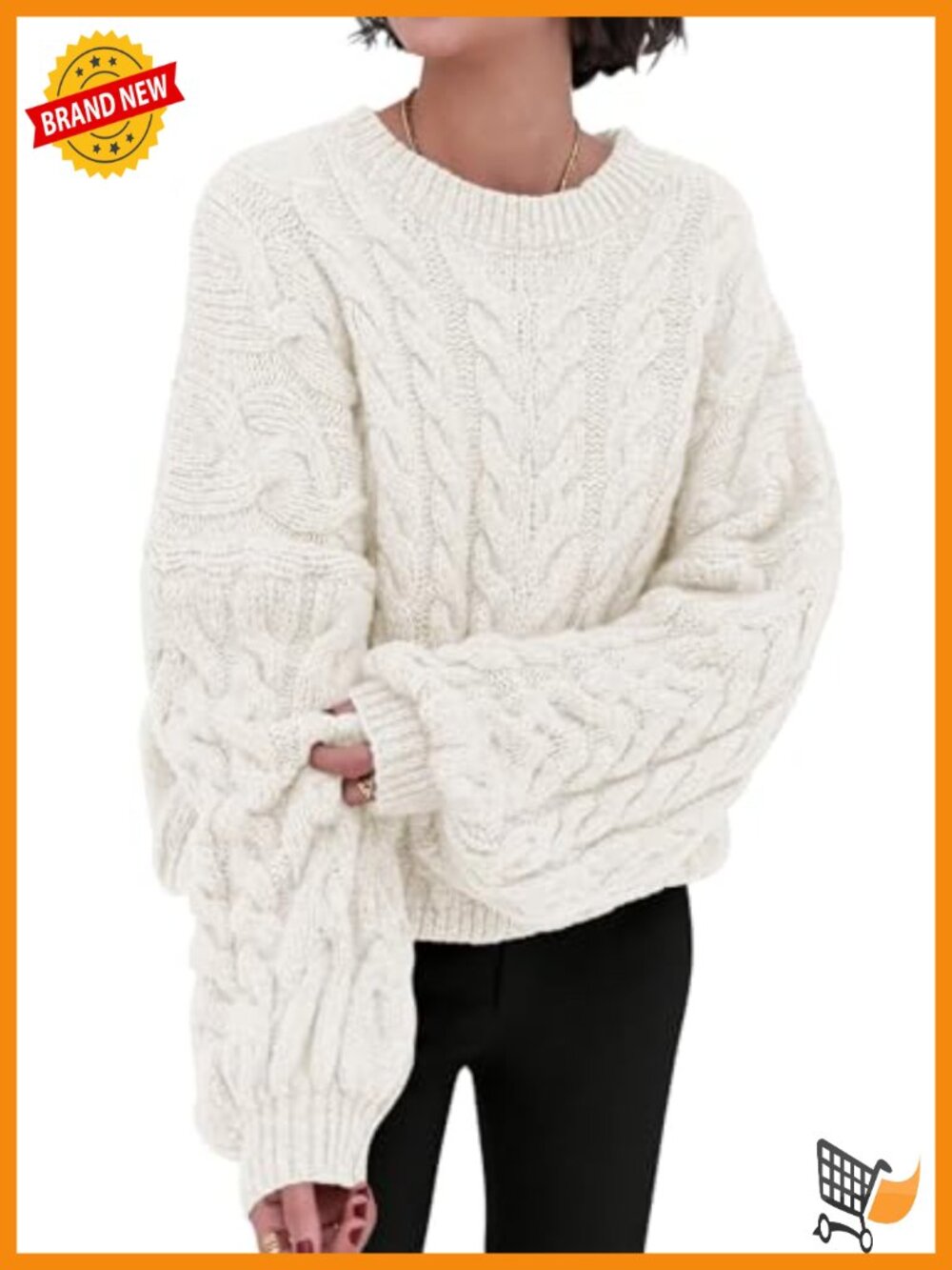 Cable Knit Oversized Crewneck Sweater Long Sleeve Chunky Pullover